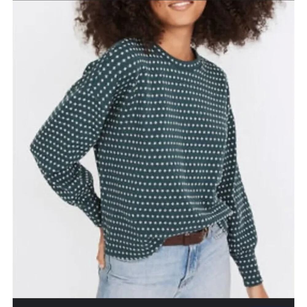 Madewell Puff Sleeve Jacquard Crew Neck Green Print Long Sleeve Top